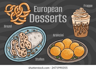 Popular desserts and sweets of European cuisines. Hand-drawn vector illustration