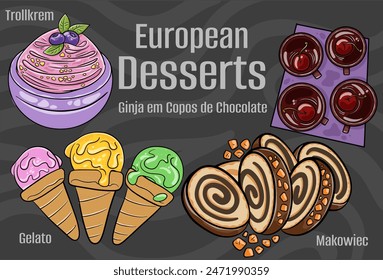 Popular desserts and sweets of European cuisines. Hand-drawn vector illustration