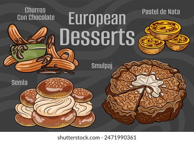 Popular desserts and sweets of European cuisines. Hand-drawn vector illustration