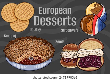 Popular desserts and sweets of European cuisines. Hand-drawn vector illustration