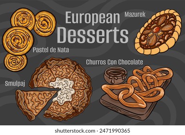 Popular desserts and sweets of European cuisines. Hand-drawn vector illustration