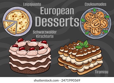 Popular desserts and sweets of European cuisines. Hand-drawn vector illustration