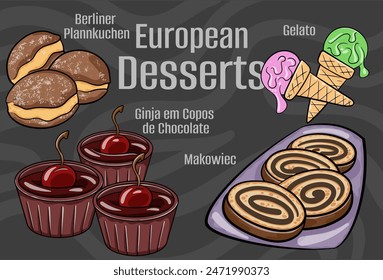 Popular desserts and sweets of European cuisines. Hand-drawn vector illustration