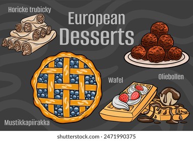 Popular desserts and sweets of European cuisines. Hand-drawn vector illustration