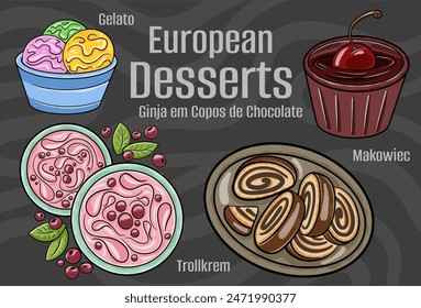 Popular desserts and sweets of European cuisines. Hand-drawn vector illustration