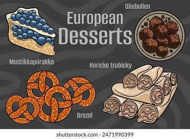 Popular desserts and sweets of European cuisines. Hand-drawn vector illustration