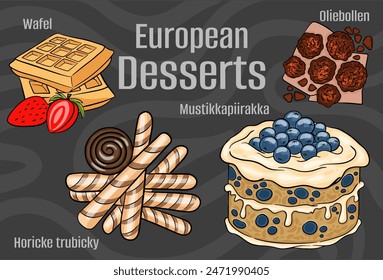 Popular desserts and sweets of European cuisines. Hand-drawn vector illustration