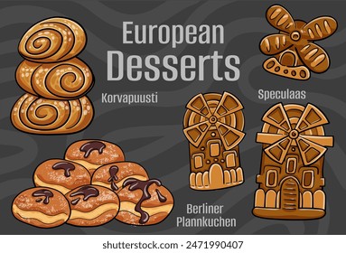 Popular desserts and sweets of European cuisines. Hand-drawn vector illustration