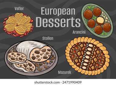 Popular desserts and sweets of European cuisines. Hand-drawn vector illustration