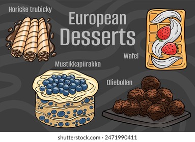 Popular desserts and sweets of European cuisines. Hand-drawn vector illustration