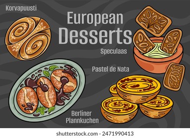 Popular desserts and sweets of European cuisines. Hand-drawn vector illustration