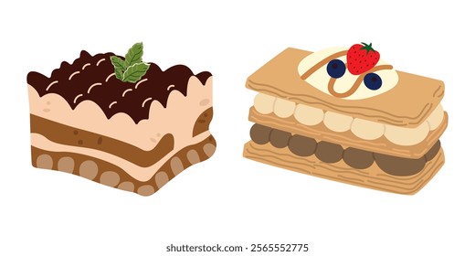 Popular desserts of the world. Italian tiramisu dessert. French dessert millefeuille. Retro vector stickers for bakery and coffee shops