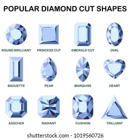 Popular diamond cut shapes - round brilliant, baguette, asscher, princess, pear, radiant, emerald, marquise, cushion, oval, heart, trilliant.