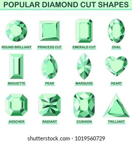 Popular diamond cut shapes - round brilliant, baguette, asscher, princess, pear, radiant, emerald, marquise, cushion, oval, heart, trilliant.