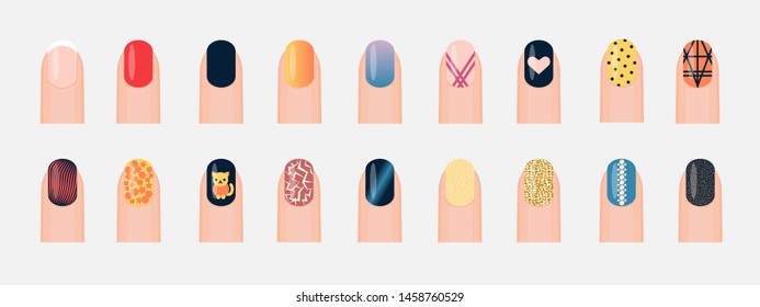 Popular different nail designs  Set colored painted nails  Manicure  pedicure  Nail polish  Vector illustration isolated white background