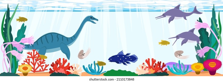 Popular dinosaurs and seaweeds that lived in the Jurassic sea
An illustration.