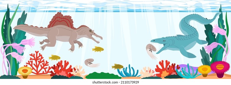 Popular dinosaurs and seaweeds that lived in the Cretaceous sea
An illustration.