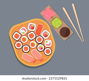 A popular dish of Japanese cuisine. Flat vector illustration in cartoon style, top view of Asian fish rolls, loya chopsticks, sushi, nigiri, soy sauce, pickled ginger and wasabi. Dinner at restaurant.