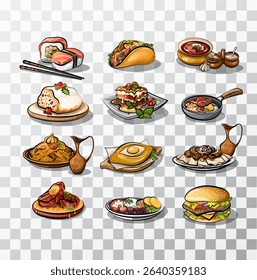 Popular dishes of the world. Isolated on transparent background. Vector illustration.