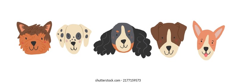 Popular Dog Breeds Faces On White Background. Domestic Dogs Collection. Cute Dog Icons