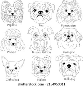 Popular Dog Breeds Profile Faces,Dog Silhouette Portraits Set,Hand Drawn Isolated Vector illustration in doodle style on white background