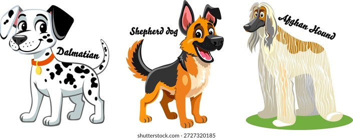 Raças de cães populares conjunto de três cães pastor dálmata e afegão cão bonito desenhos animados animais de estimação de comprimento completo Vetor