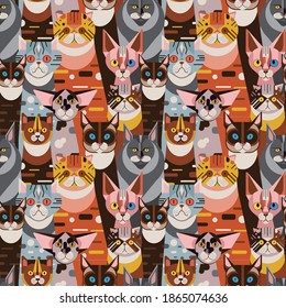 Popular Domestic Cats Pattern With Sphynx, Persian, Exotic Short-hair And Siamese Cat In Funny Poses. Seamless Background With Geometric Feline Pets For Prints, Textiles And Fabric.