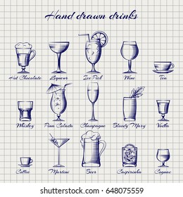 Popular drinks icons set on notebook page vector