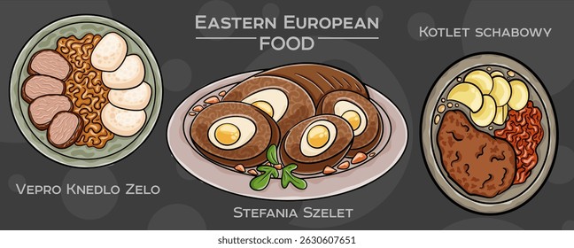 Popular Eastern European Traditional Food Set. Hand-drawn vector illustration on a dark background