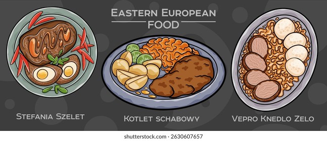 Popular Eastern European Traditional Food Set. Hand-drawn vector illustration on a dark background
