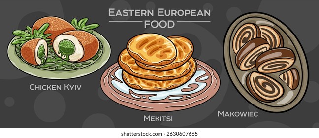 Popular Eastern European Traditional Food Set. Hand-drawn vector illustration on a dark background
