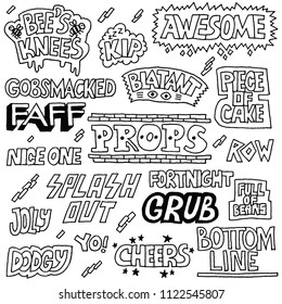 Popular English Language Slang Words Doodle Lettering Set 2 Black and White