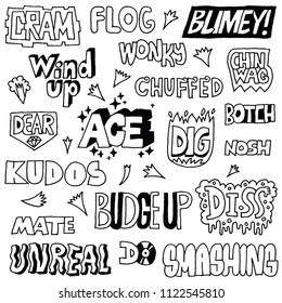 Popular English Language Slang Words Doodle Lettering Set 1 Black and White