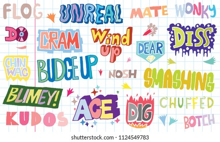 Popular English Language Slang Words Doodle Lettering Set 1 Color Vector Illustration. School Notebook Background.