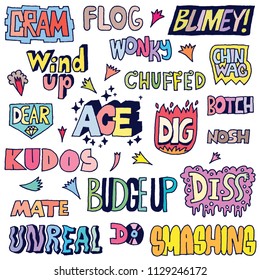 Popular English Language Slang Words Doodle Lettering Set 1 Color