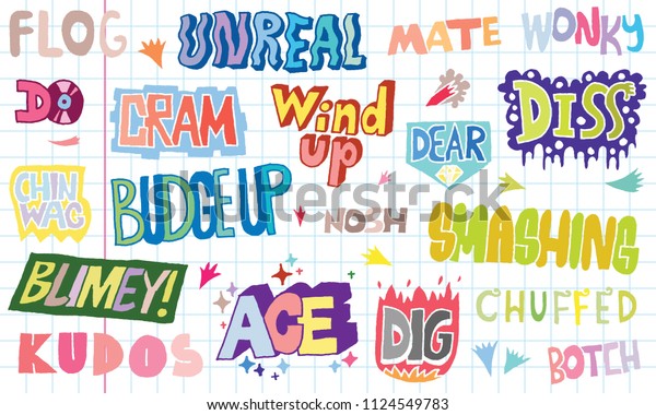 Popular English Language Slang Words Doodle Lettering Set 1 Color