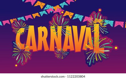 Popular Event in Brazil Carnaval Title With Colorful Party Elements and Confetti. Background Theme Travel destination.