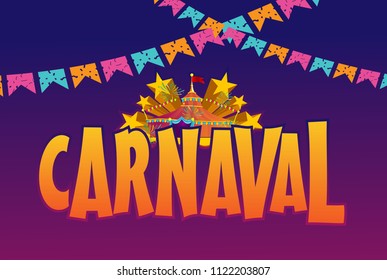 Popular Event in Brazil Carnaval Title With Colorful Party Elements and Confetti. Background Theme Travel destination.