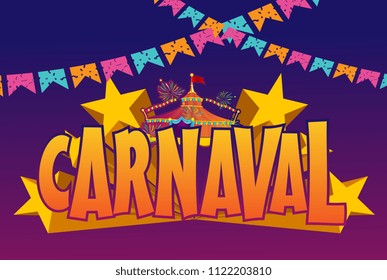 Popular Event in Brazil Carnaval Title With Colorful Party Elements and Confetti. Background Theme Travel destination.