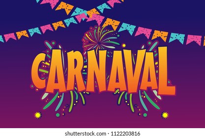 Popular Event in Brazil Carnaval Title With Colorful Party Elements and Confetti. Background Theme Travel destination.