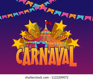 Popular Event in Brazil Carnaval Title With Colorful Party Elements and Confetti. Background Theme Travel destination.