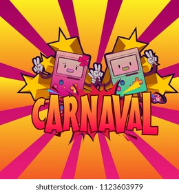 	
Popular Event Brazil Carnaval Title With Colorful Party Elements, Confetti, monster and star. Travel destination in South America During Summer