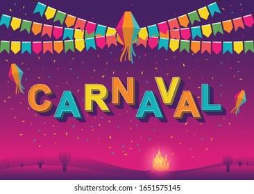 Popular Event In Brazil. Carnaval Title With Colorful Party Elements Saying Get Down To The Party. Festive Typographic Vector Art With Retro Light Bulbs Font, Confetti.