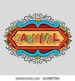 Popular Evento Brasil Carnaval Título con marco colorido. Destino de viajes en Sudamérica durante el verano. Logo vectorial para el Carnaval, afiche para el espectáculo del carnaval.