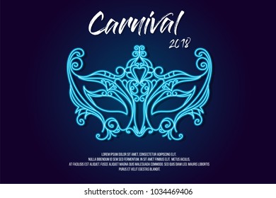 Popular Event in Brazil. Carnival Title With Neon Carnival Mask, Masquerade, Mardi Gras. Travel destination.