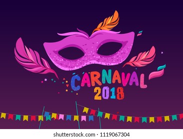 Popular Event in Brazil. Festive Mood. Carnaval Title With Colorful Party Elements. Travel destination. Brazilian Rythm, Dance and Music.