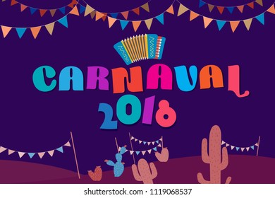 Popular Event in Brazil. Festive Mood. Carnaval Title With Colorful Party Elements. Travel destination. Brazilian Rythm, Dance and Music.