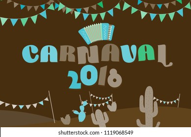 Popular Event in Brazil. Festive Mood. Carnaval Title With Colorful Party Elements. Travel destination. Brazilian Rythm, Dance and Music.