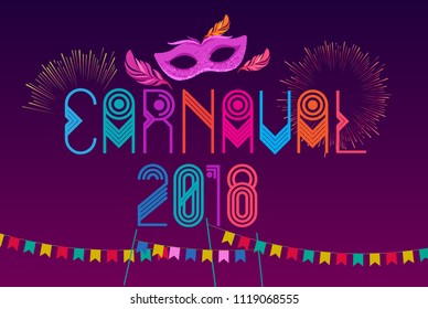 Popular Event in Brazil. Festive Mood. Carnaval Title With Colorful Party Elements. Travel destination. Brazilian Rythm, Dance and Music.