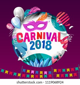 Popular Event in Brazil. Festive Mood. Carnaval Title With Colorful Party Elements. Travel destination. Brazilian Rythm, Dance and Music.